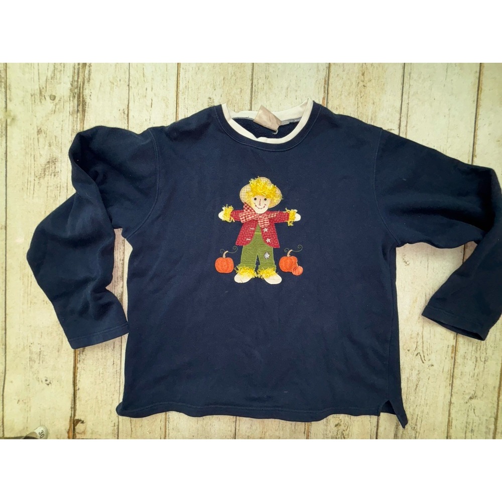 Vintage Embellished Happy Fall Y'all Scarecrow Pumpkins cozy Blue Sweatshirt